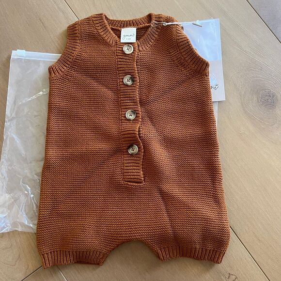 NWT Goumi Kids Sienna Knit Baby Romper SZ 3-6mo Orange Organic Cotton Shortie - Picture 1 of 3